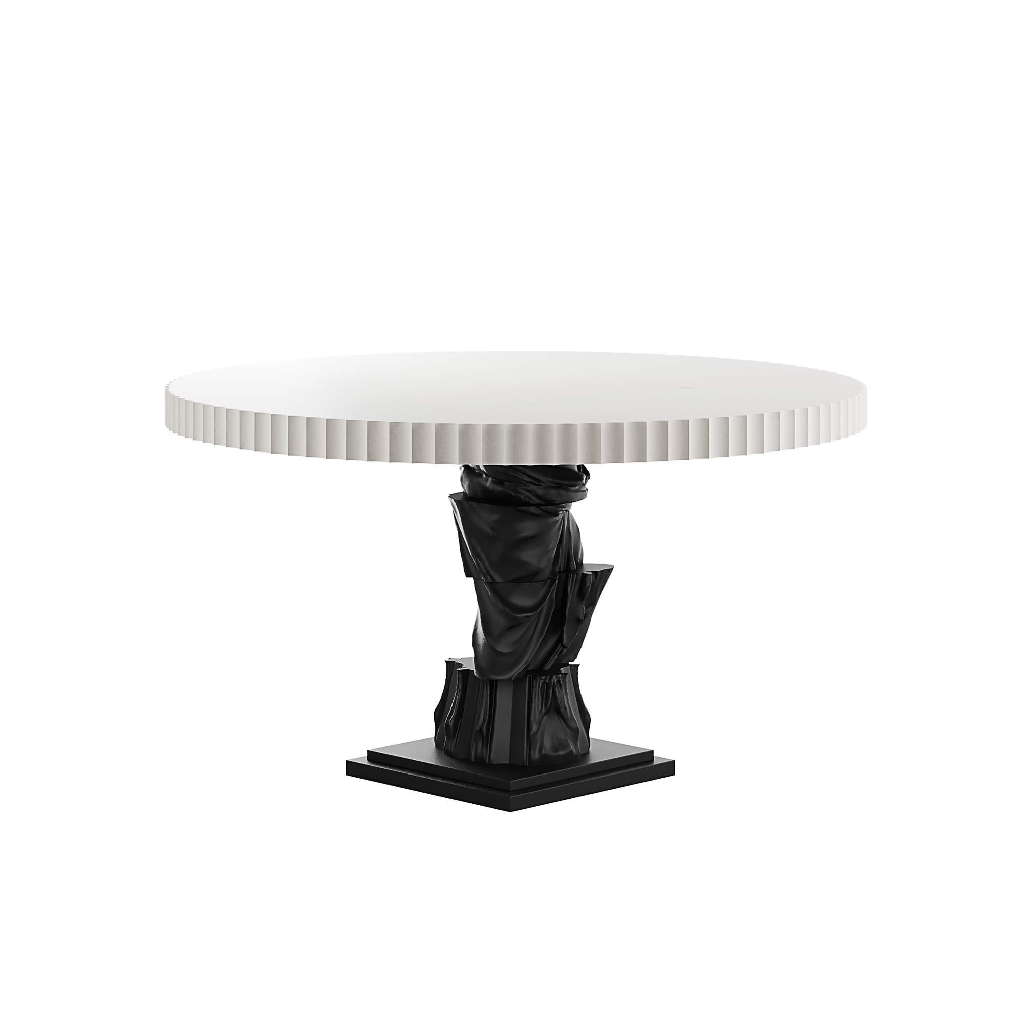 Mesa de Comedor Redonda Contemporánea Marquetería Negra Base Escultura Figurativa Moderno en venta