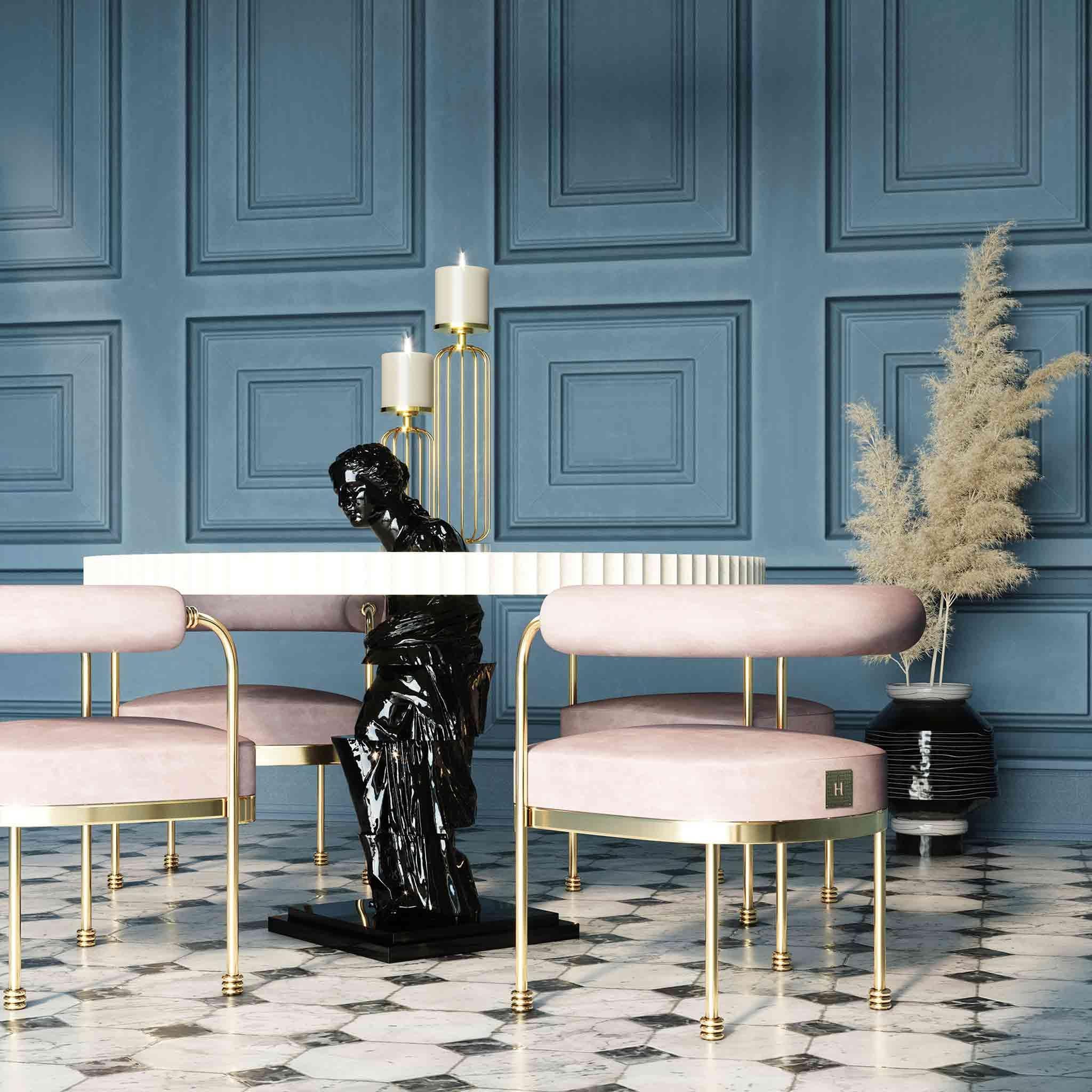 Mesa de Comedor Redonda Contemporánea Marquetería Negra Base Escultura Figurativa Portugués en venta