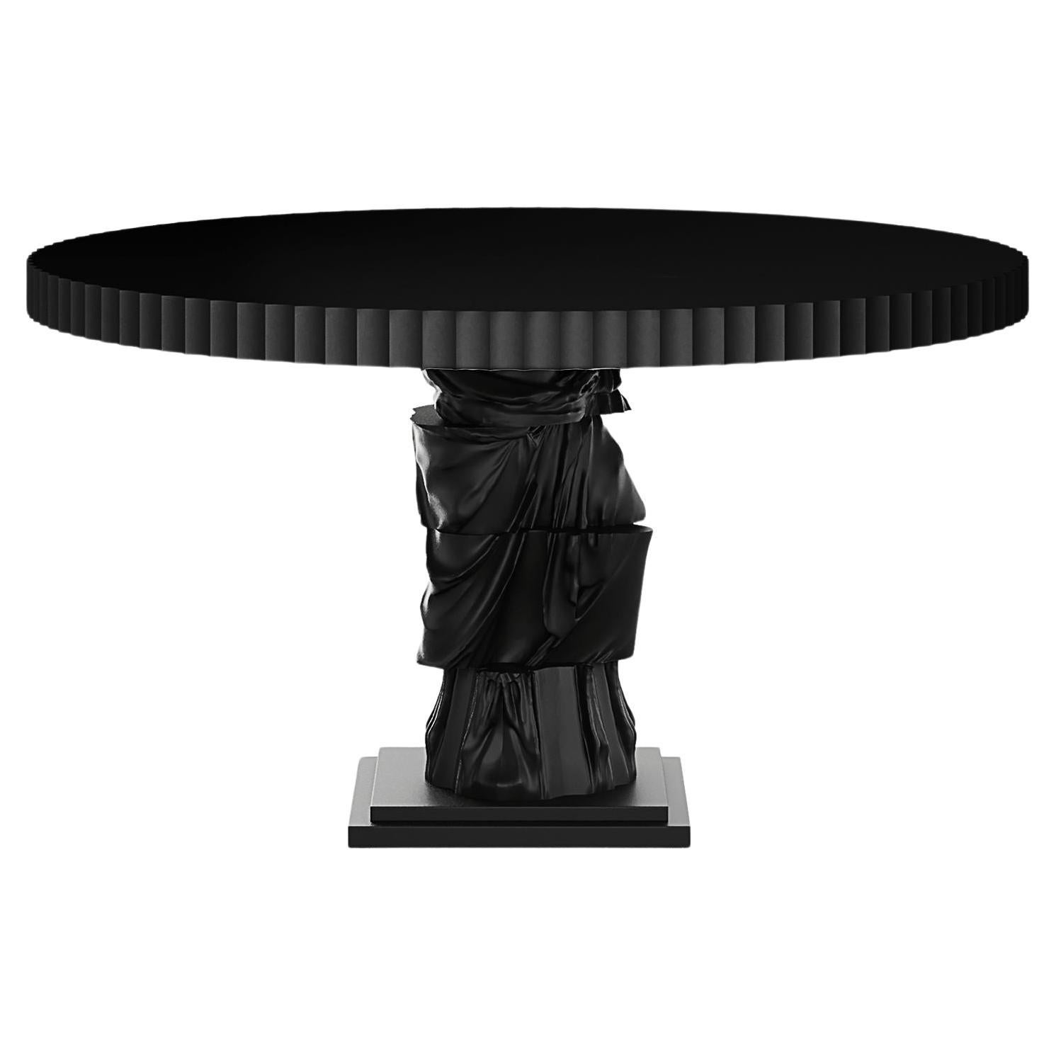 Mesa de Comedor Redonda Contemporánea Marquetería Negra Base Escultura Figurativa en venta