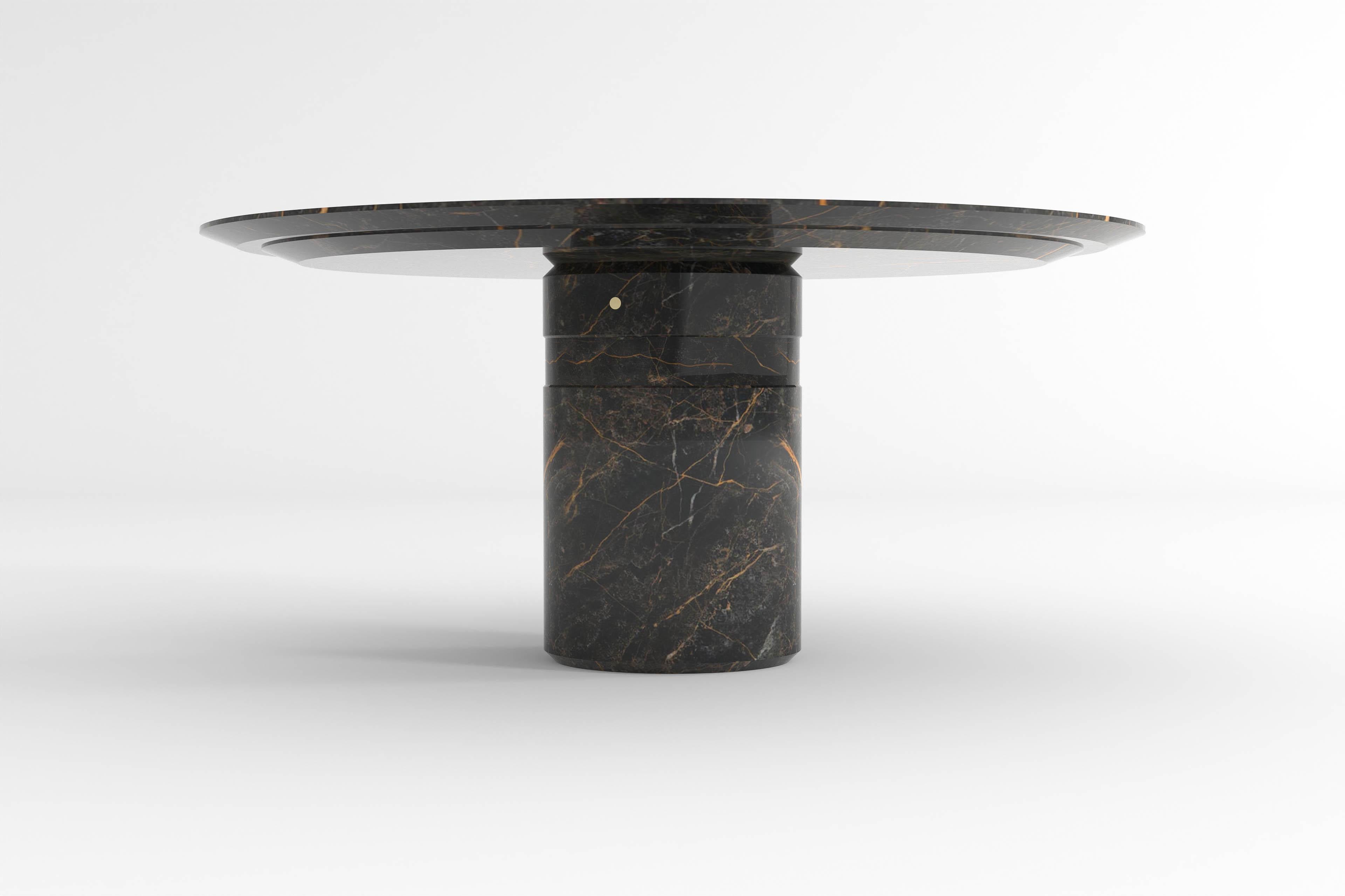 Modern Contemporary round dining table, Port Laurent marble, central leg, Belgium For Sale