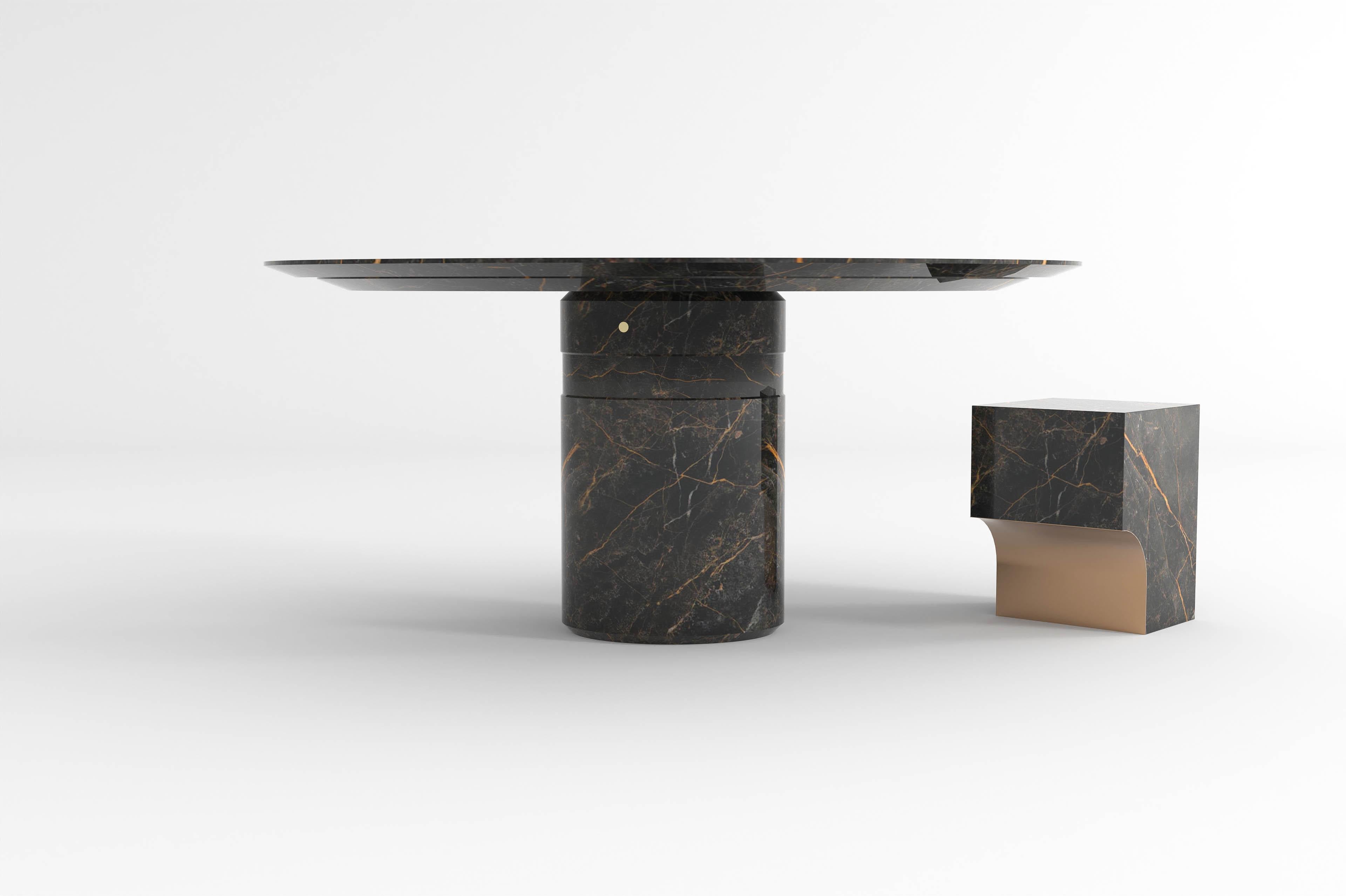 Marble Contemporary round dining table, Port Laurent marble, central leg, Belgium For Sale