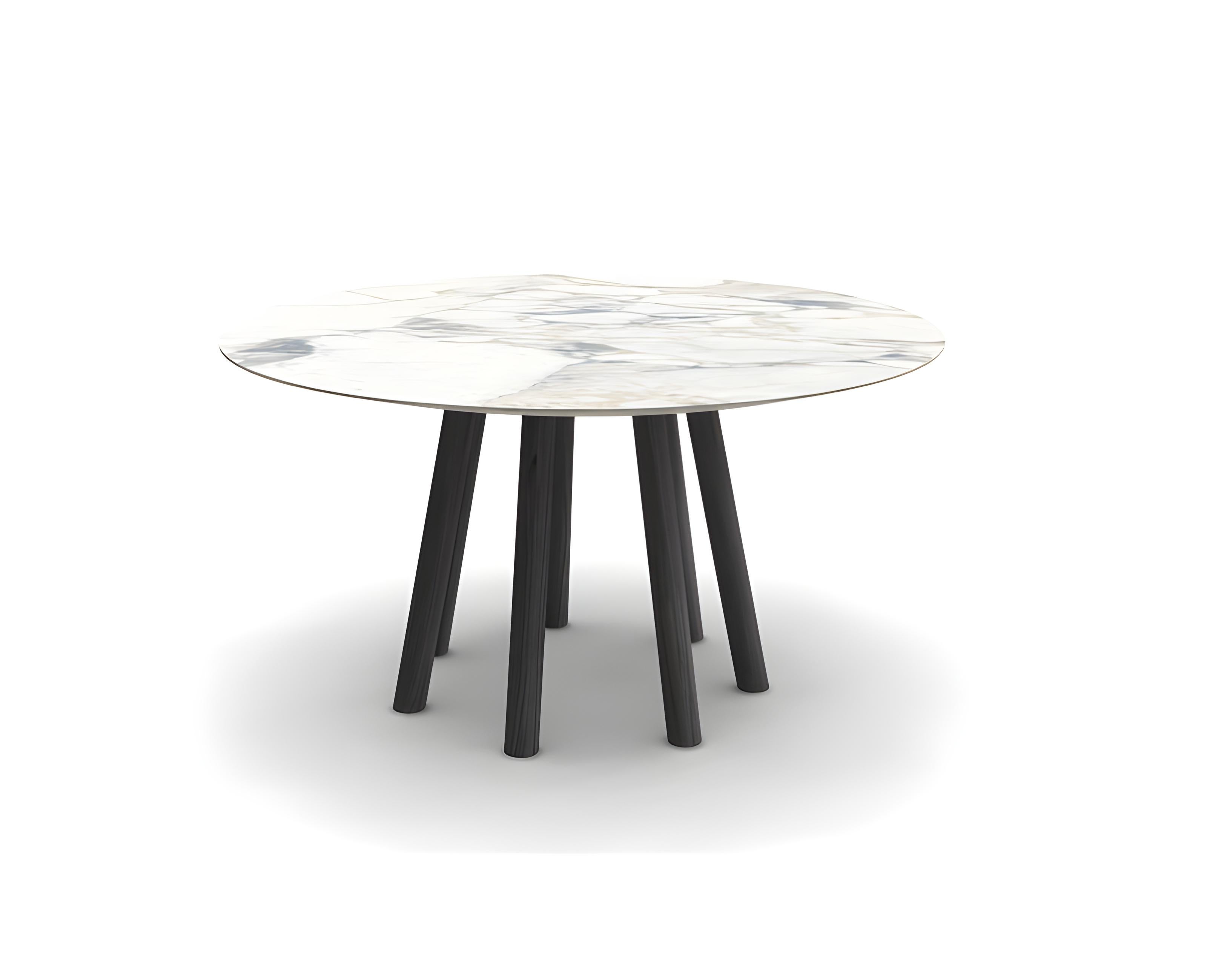 European Contemporary Round Dining Table, Walnut/Marble. For Sale