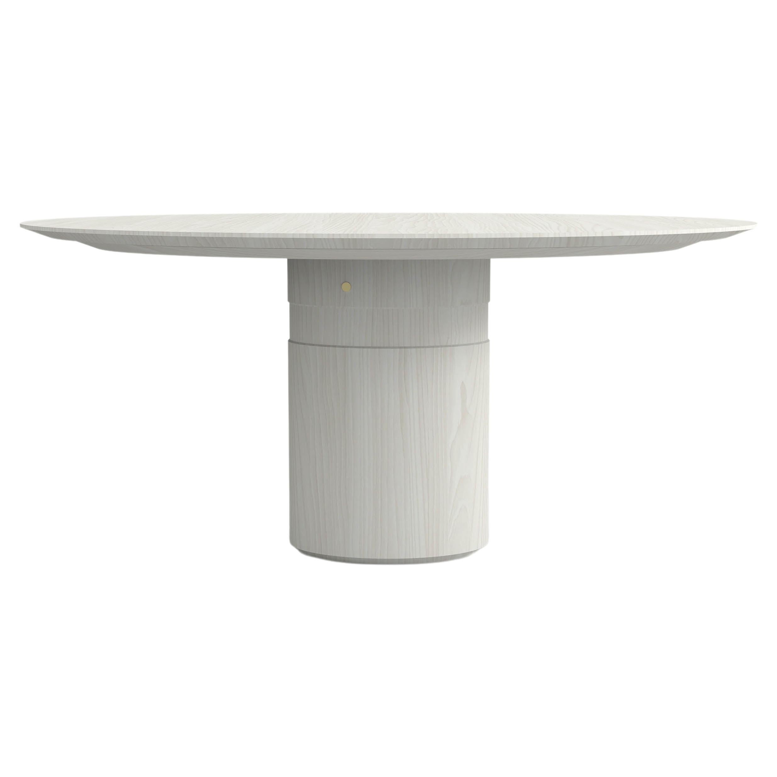 Tavolo da pranzo rotondo contemporaneo, legno di frassino bianco, gamba centrale, design belga