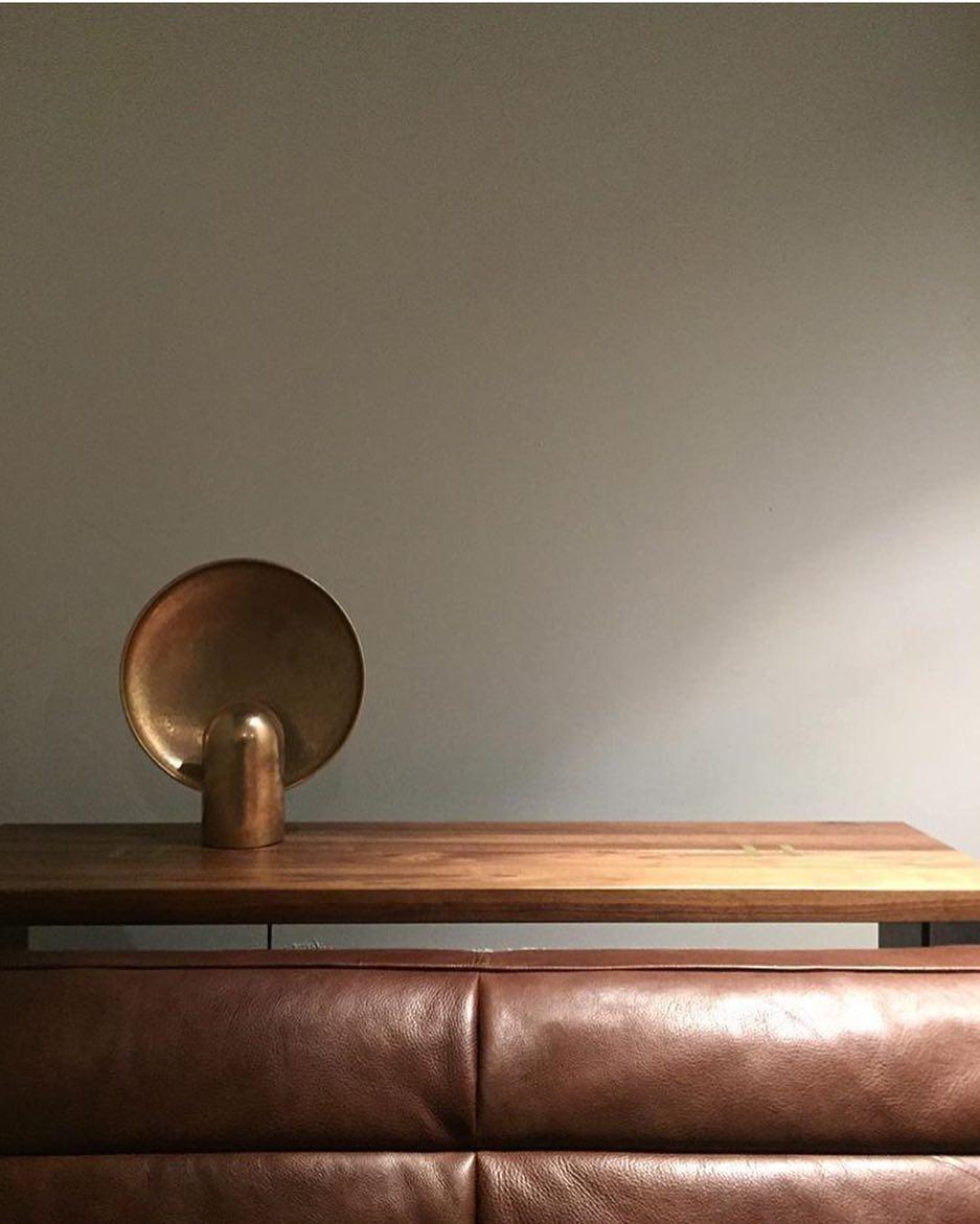 Contemporary Round Disc-like Golden Bronze Surface Wall Sconce by Henry Wilson For Sale 5