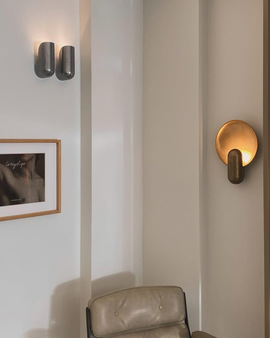 Contemporary Round Disc-like Golden Bronze Surface Wall Sconce by Henry Wilson For Sale 10