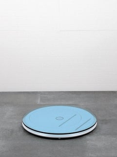 Contemporary Round Folding Side Table with Blue Glass and White Finish