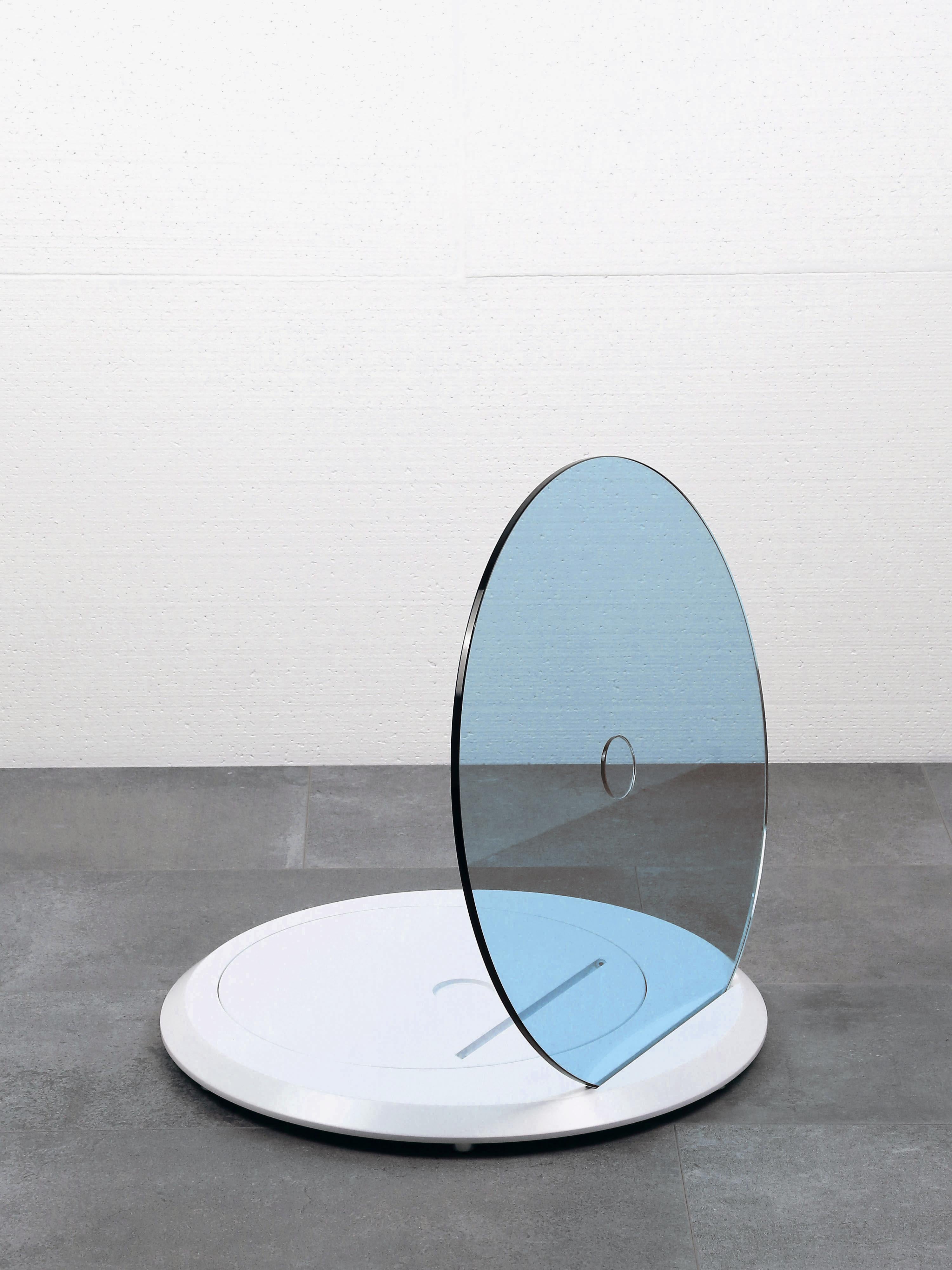 Modern Contemporary Round Folding Side Table with Blue Glass and White Finish For Sale