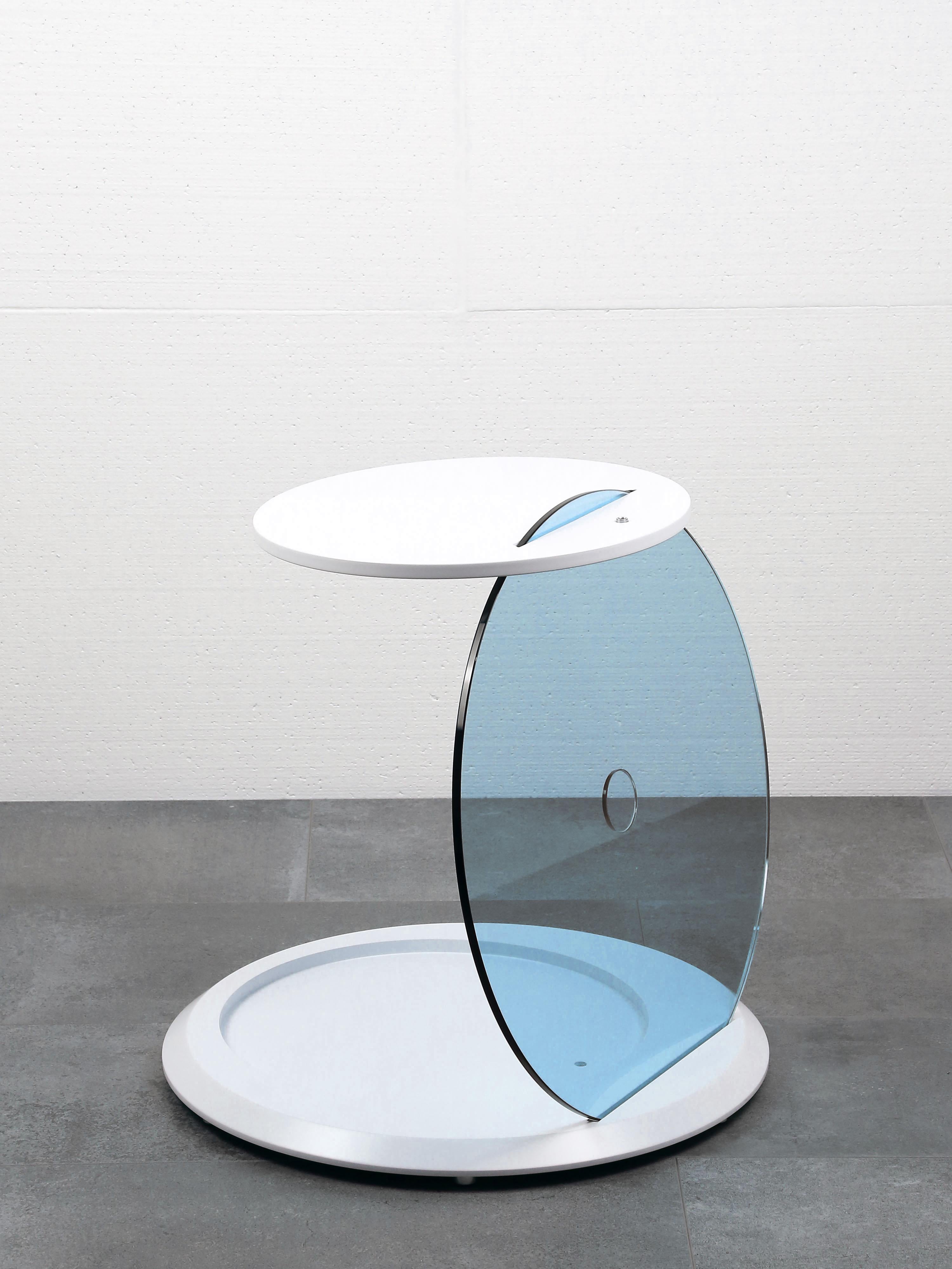German Contemporary Round Folding Side Table with Blue Glass and White Finish For Sale