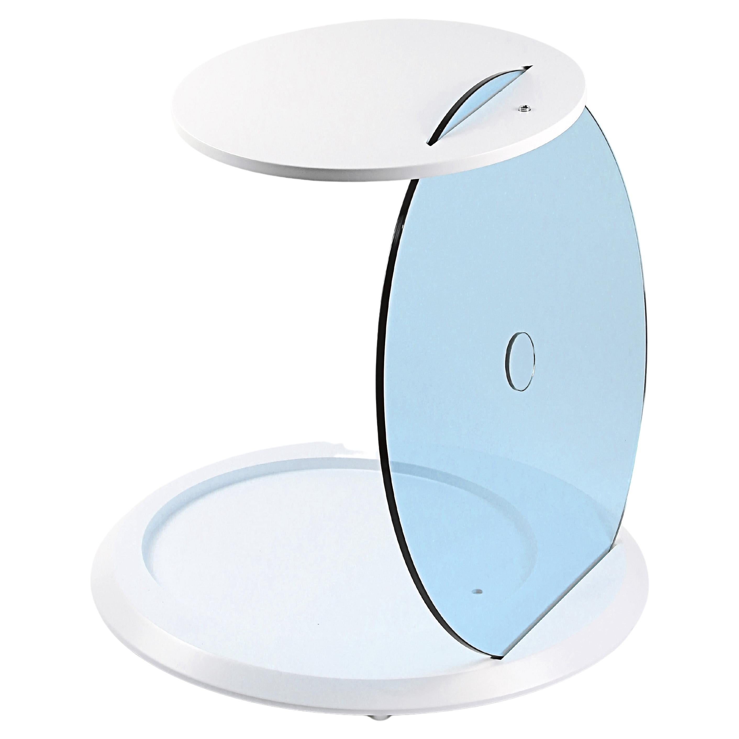 Contemporary Round Folding Side Table with Blue Glass and White Finish For Sale