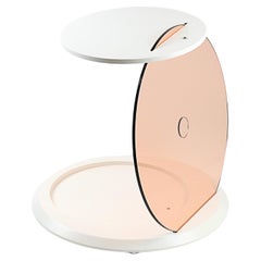 Contemporary Round Folding Side Table with Gold Rosé Glass and White Finish