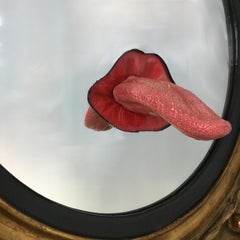 Contemporary One-of-a-kind Giltwood Mirror with Tongue and Lips Sculpture