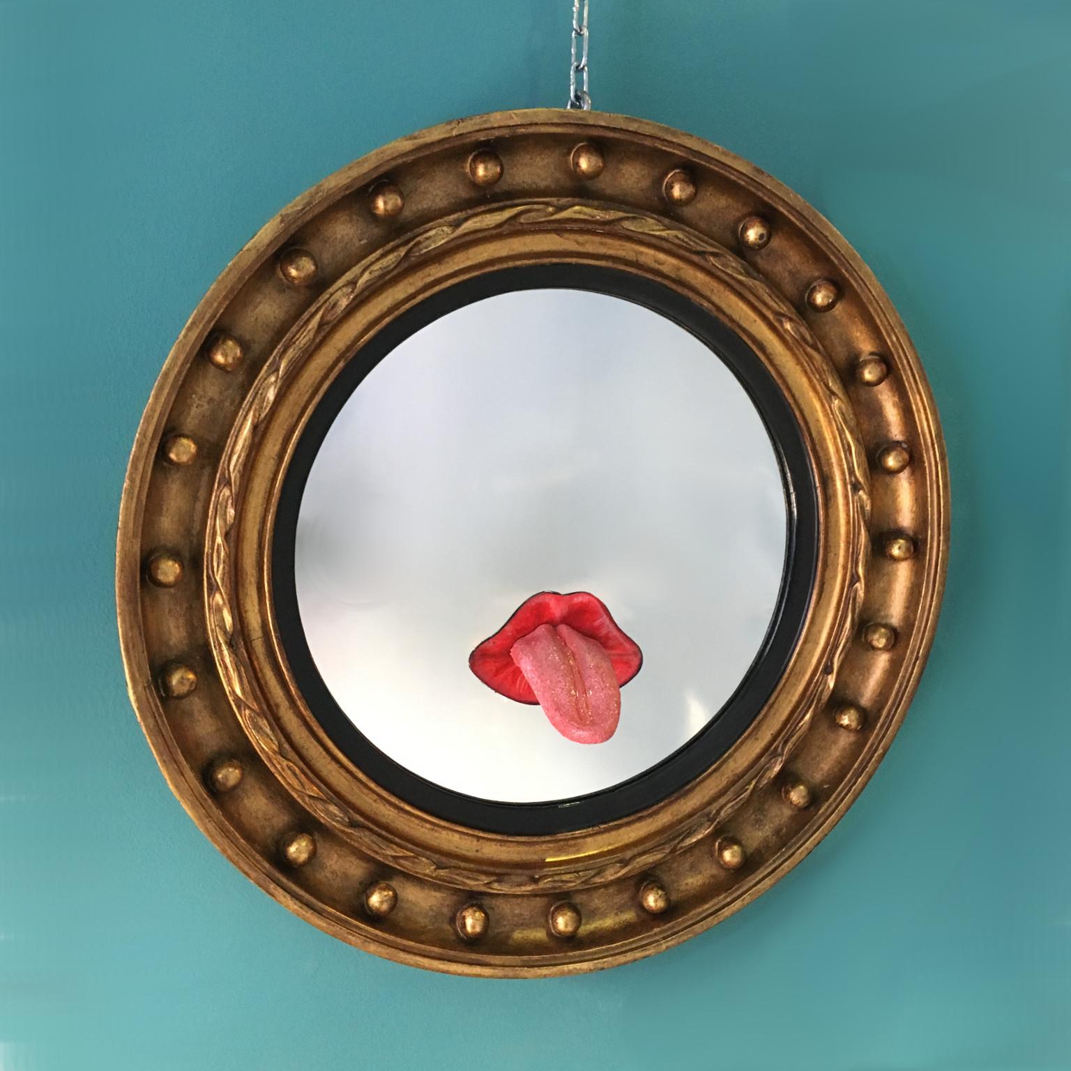 Contemporary One-of-a-kind Giltwood Mirror with Tongue and Lips Sculpture For Sale 1