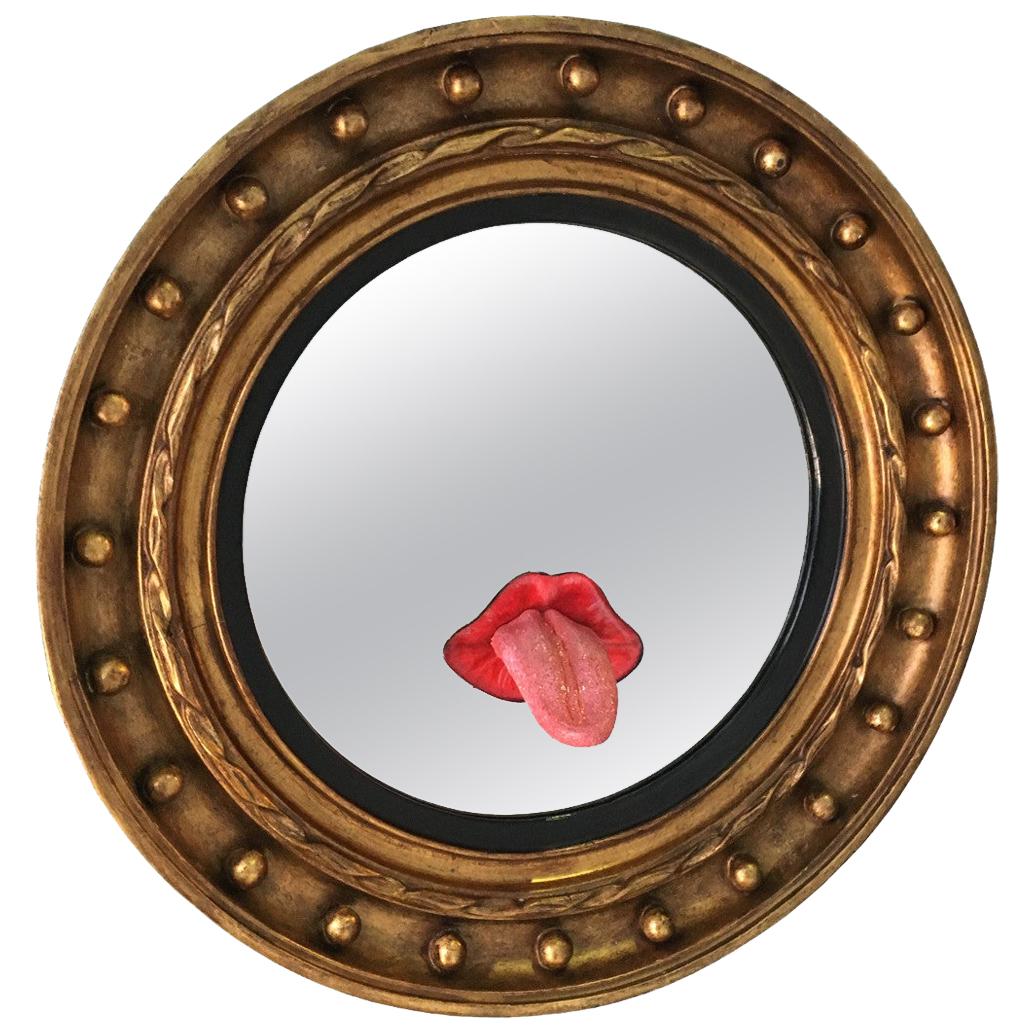 Contemporary One-of-a-kind Giltwood Mirror with Tongue and Lips Sculpture For Sale