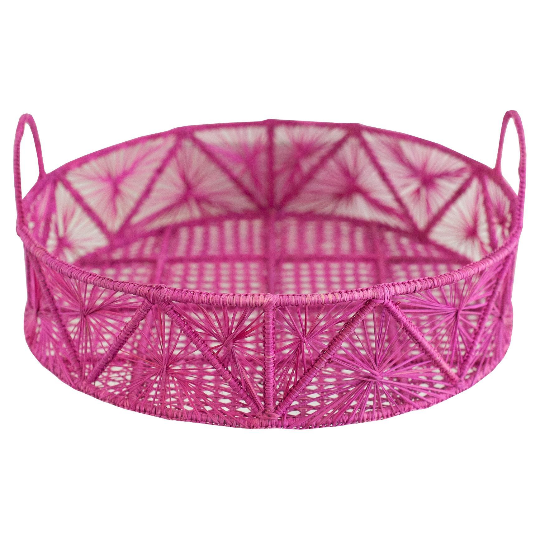 Bandeja / Cesta Redonda Contemporánea Tejida a Mano de Ratán Rosa Caliente