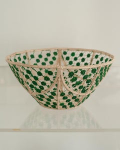 Contemporary Round Handwoven Rattan Bowl with Green Knots