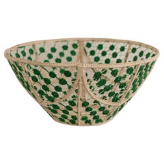 Contemporary Round Handwoven Rattan Bowl with Green Knots