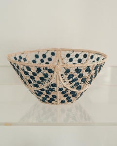 Contemporary Round Handwoven Rattan Bowl with Navy Knots