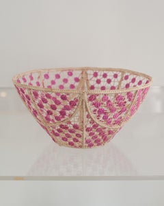 Contemporary Round Handwoven Rattan Bowl with Pink Knots