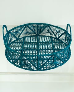 Contemporary Round Handwoven Turquoise Rattan Serving Tray / Basket
