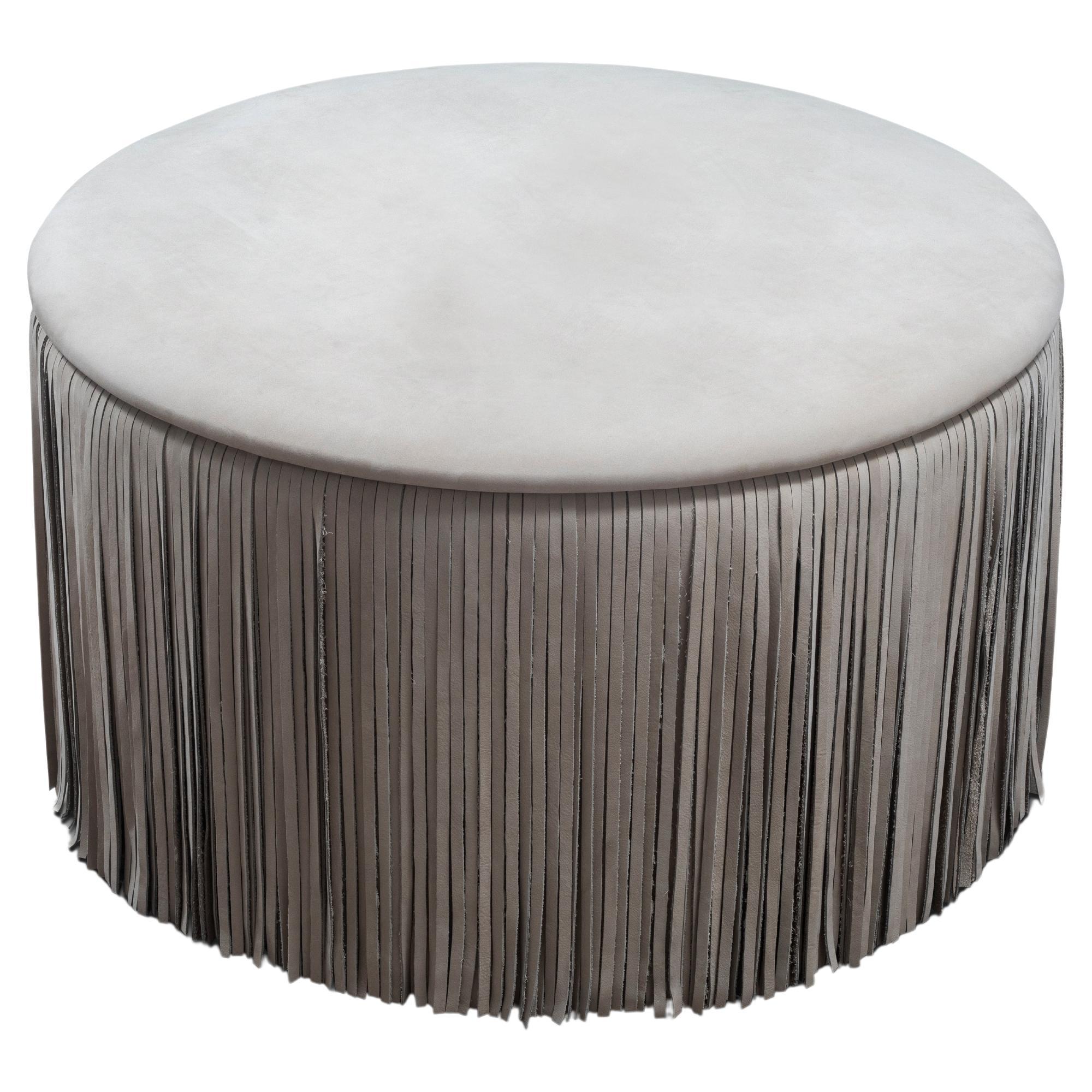 Contemporary Round Leather Ottoman with Fringe Detail For Sale