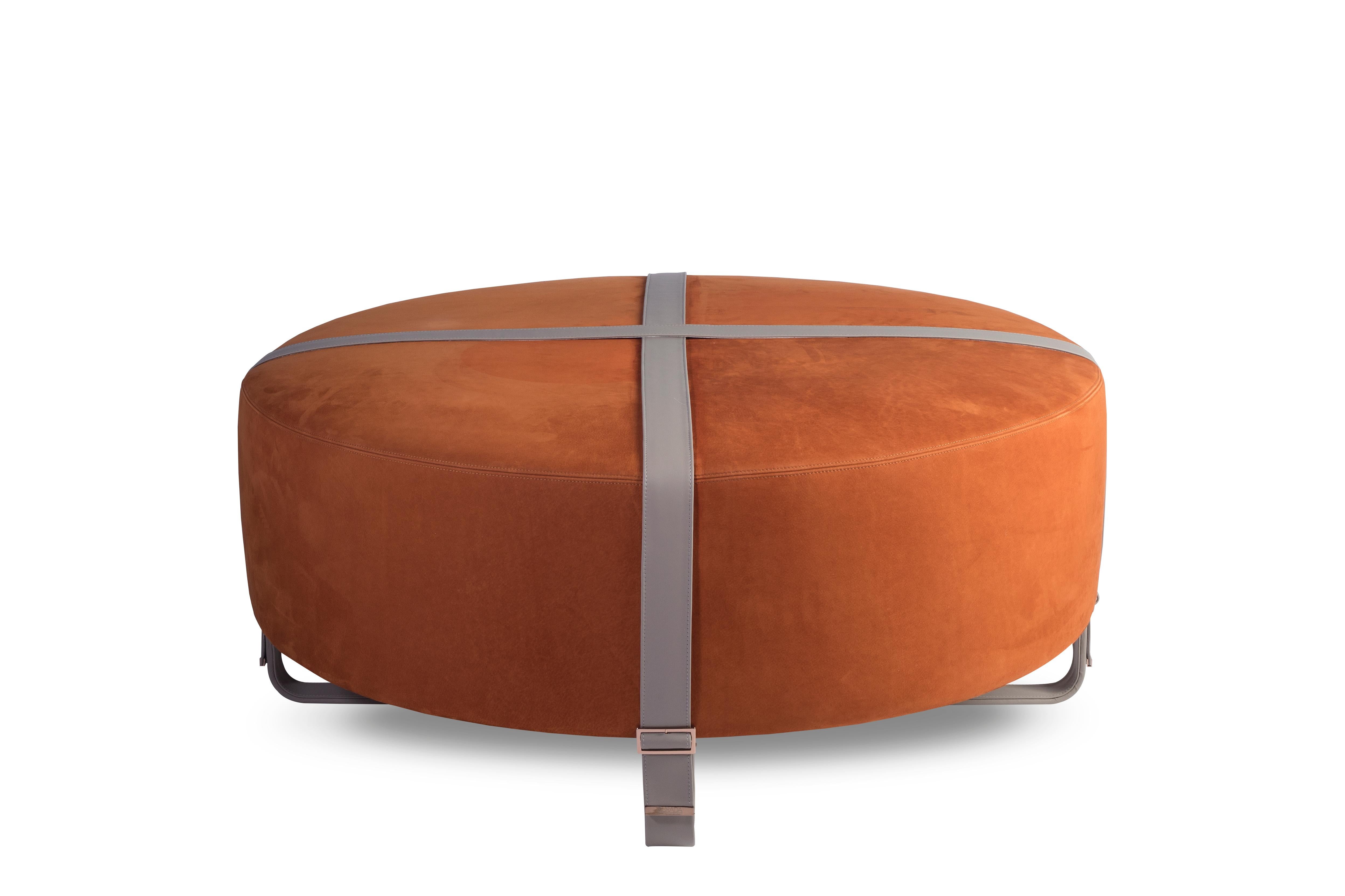 Italian Contemporary Round Leather Ottoman with Leather Belts For Sale
