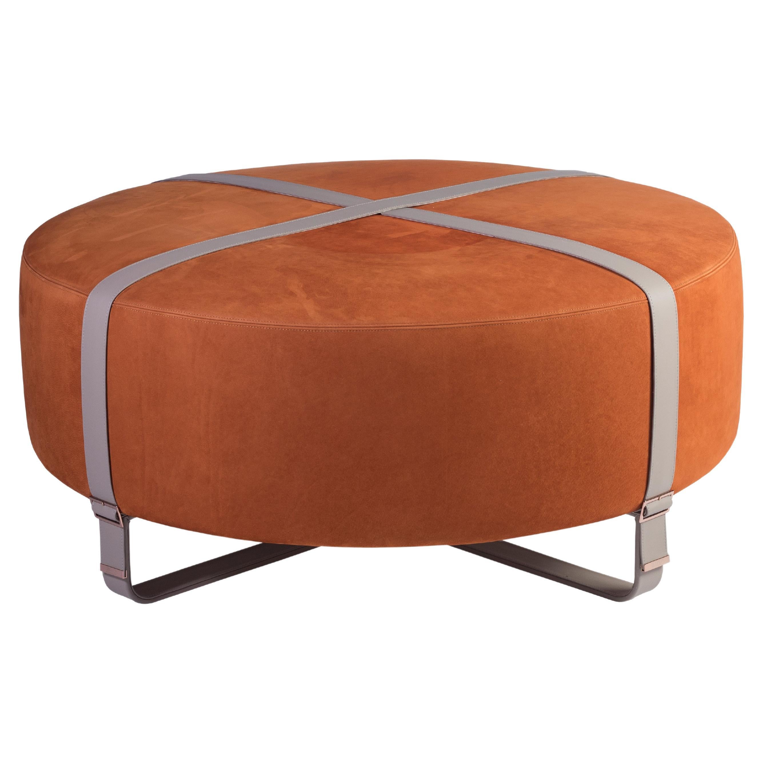 Contemporary Round Leather Ottoman with Leather Belts