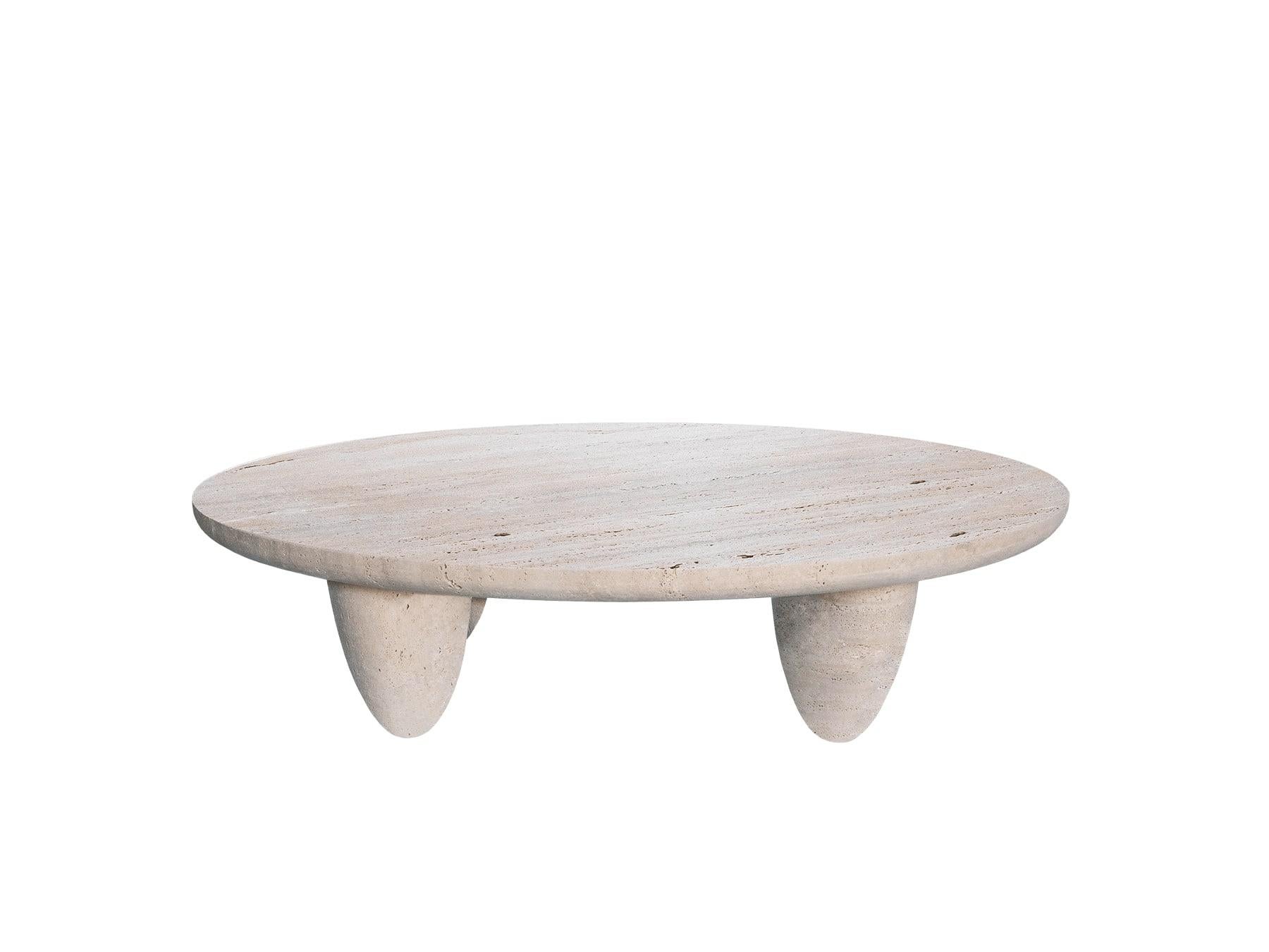 Portugais Contemporary Minimal Round Coffee Center Table in Travertine Stone Natural Pores en vente