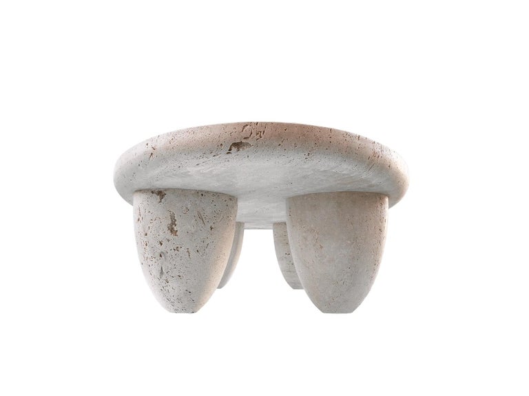 Organic Modern Contemporary Minimal Round Coffee Center Table in Travertine Stone Natural Pores For Sale