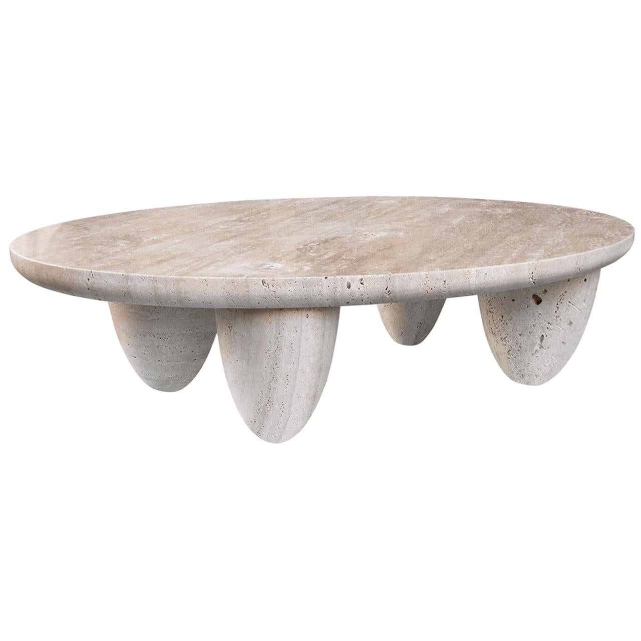 Contemporary Minimal Round Coffee Center Table in Travertine Stone Natural Pores