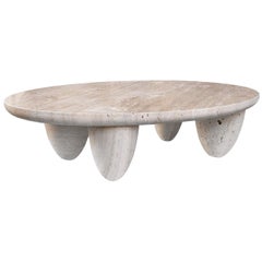Vintage Contemporary Minimal Round Coffee Center Table in Travertine Stone Natural Pores