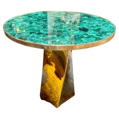 Contemporary Round Malachite Stone Top Dining Table with Solid Brass Base
