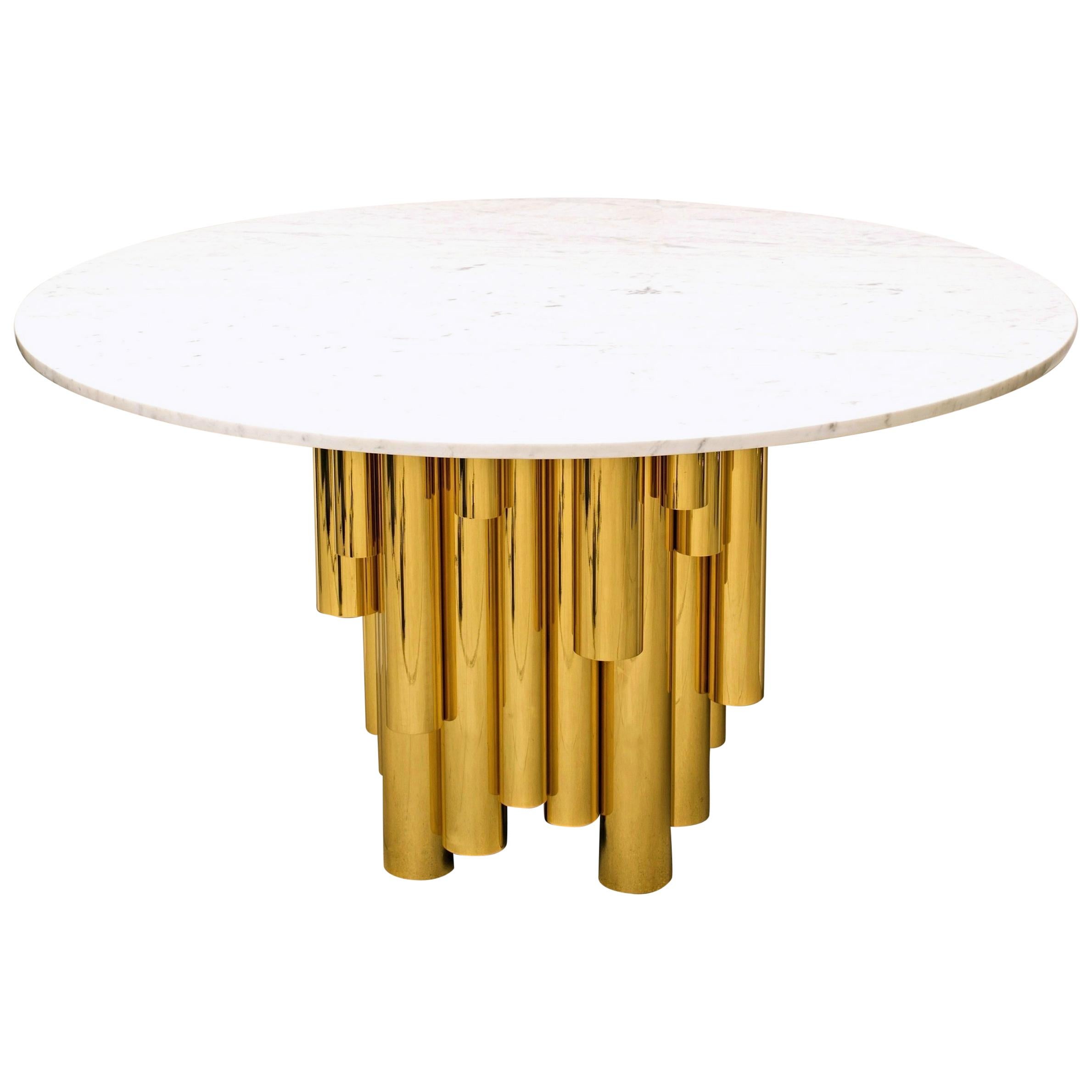 Contemporary Round Marble-Top Table with Brass Tubular Base