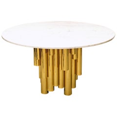 Contemporary Round Marble-Top Table with Brass Tubular Base