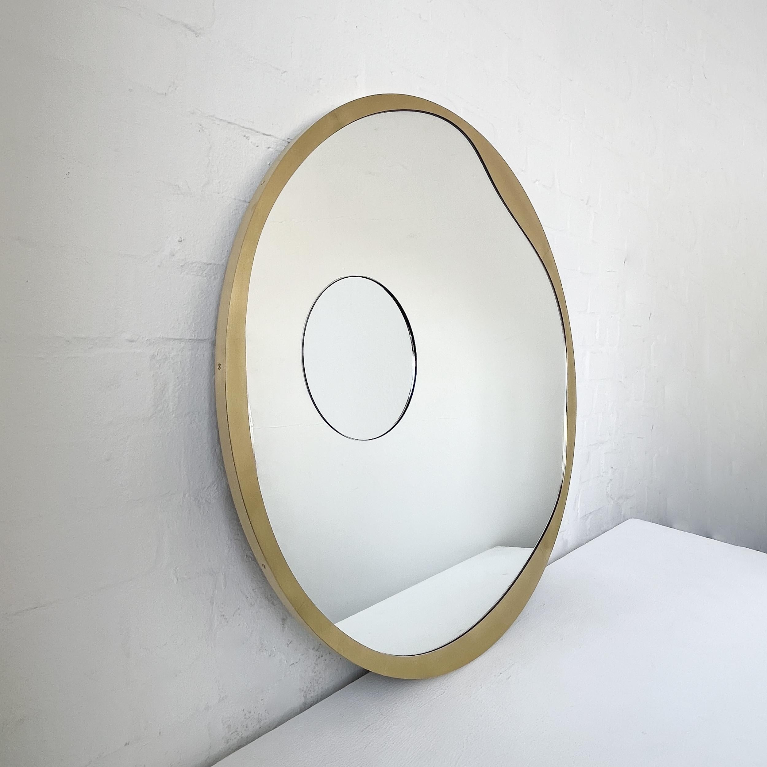 Modern Contemporary Round Mirror w Integrated Magnifying Mirror Decorative Brass Frame For Sale