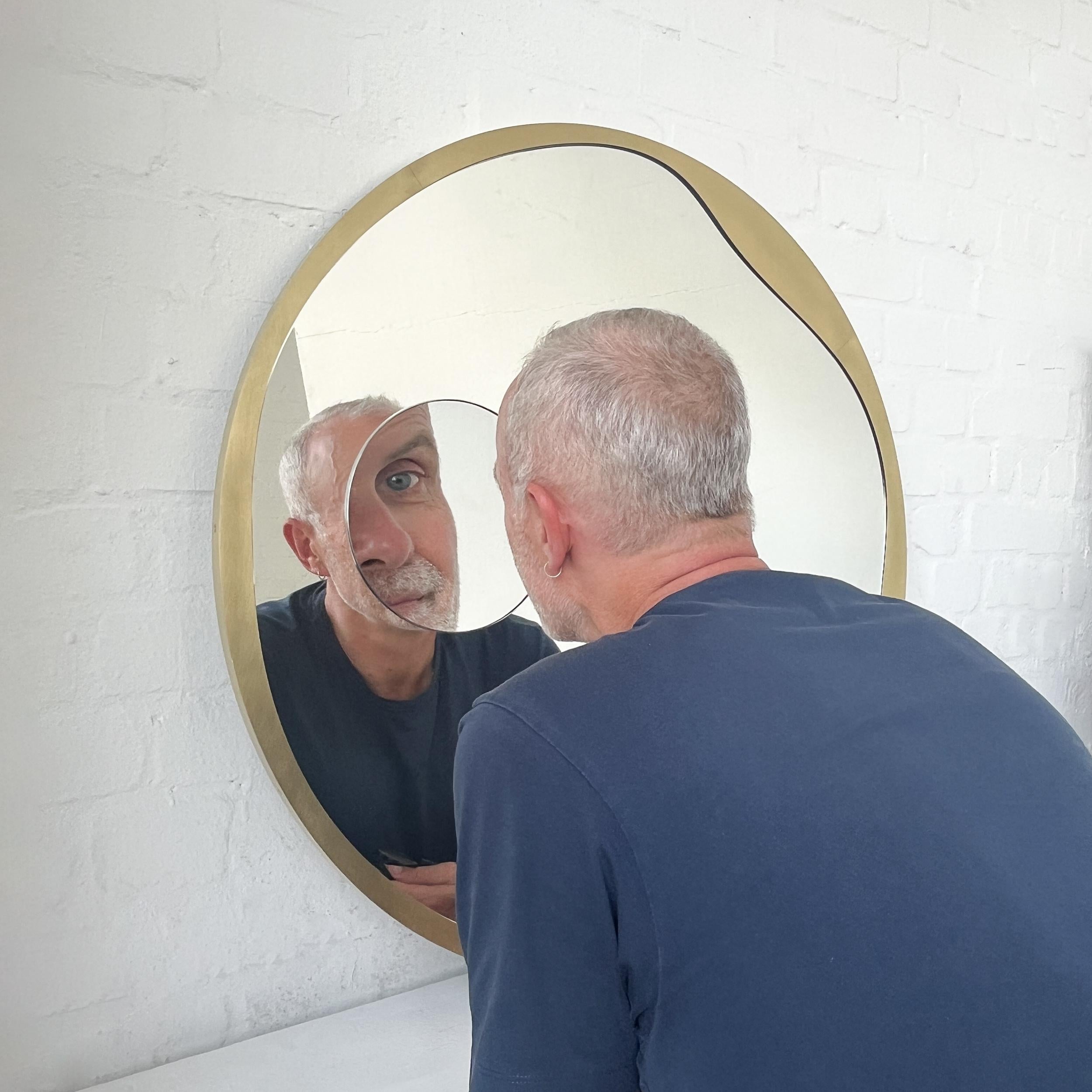 British Contemporary Round Mirror w Integrated Magnifying Mirror Decorative Brass Frame For Sale