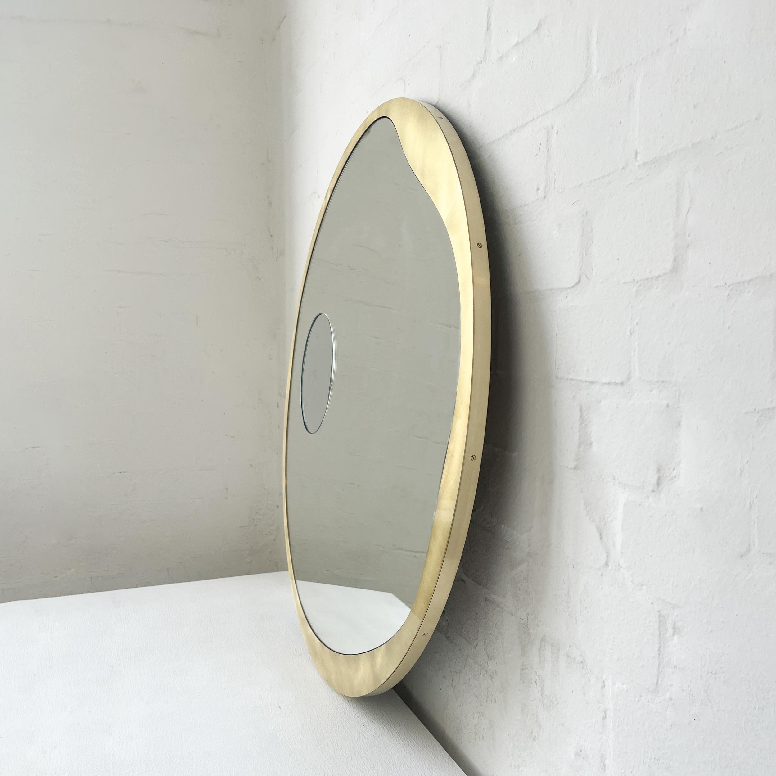 Brushed Contemporary Round Mirror w Integrated Magnifying Mirror Decorative Brass Frame For Sale
