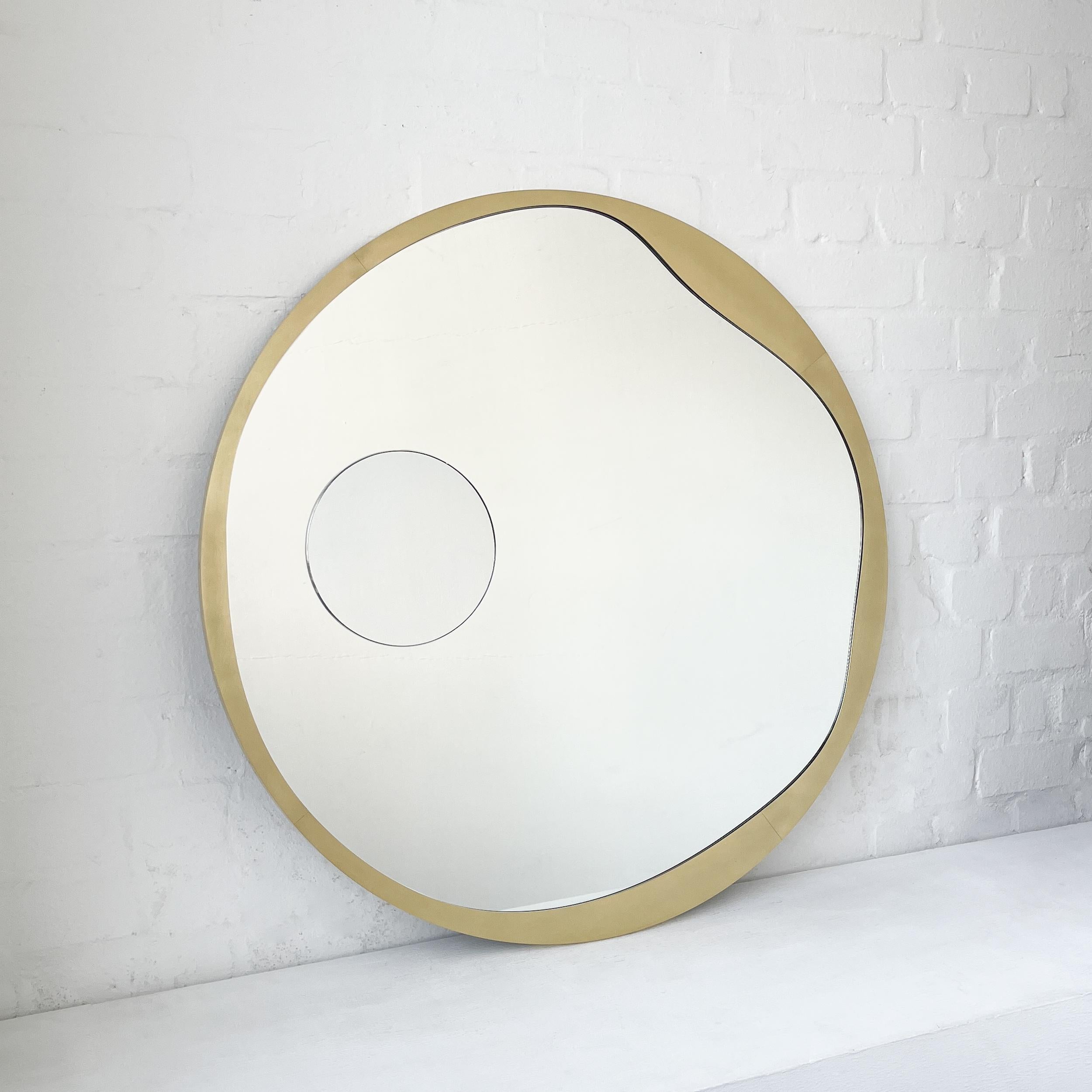 Contemporary Round Mirror w Integrated Magnifying Mirror Decorative Brass Frame In New Condition For Sale In London, London