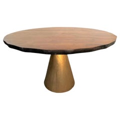 Contemporary Round Organic Edged Walnut Wood Center Table with Brass Base