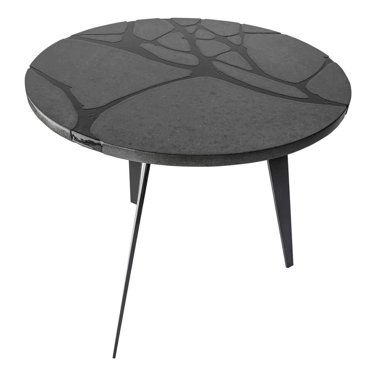 Contemporary Round Outdoor Table in Lava Stone and Steel, Filodifumo For Sale