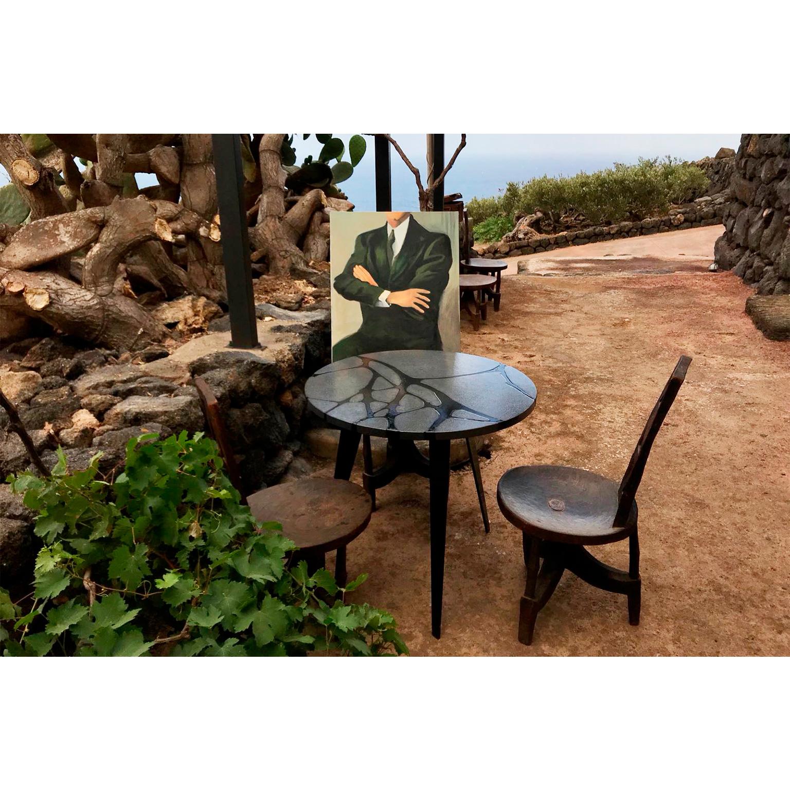 Italian Contemporary Round Outdoor Table in Lava Stone and Steel, Filodifumo For Sale