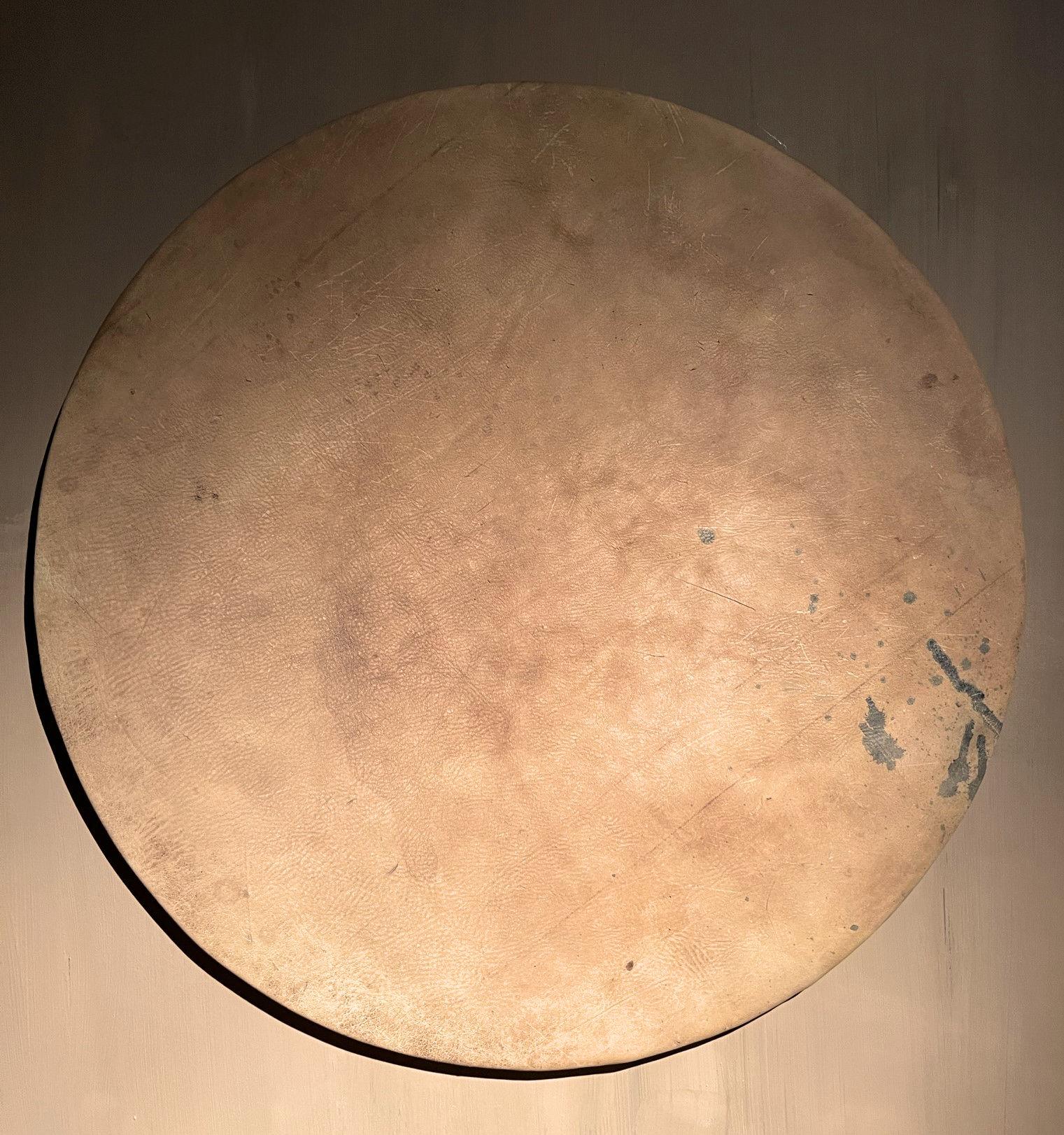 Hand-Crafted Contemporary Round Painting Recycled 19th Century Leather