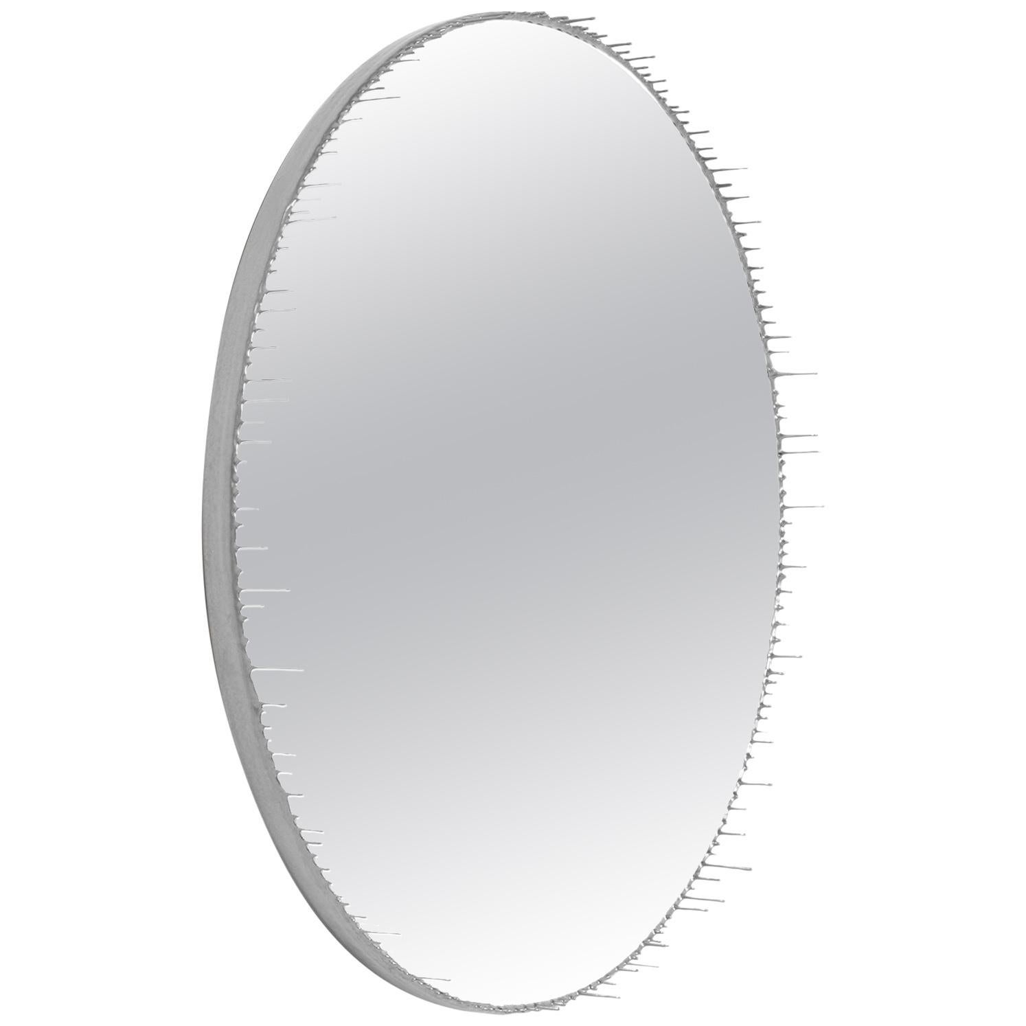 Contemporary Round Resin Drip Mirror in Metallic Silver by Elyse Graham For Sale