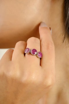 Contemporary Round Ruby Three Stone Ring in 14k White Gold Jewelry for Women