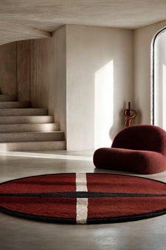 Contemporary Round Rug Geometric Pattern Brown, Dark Red, Black & White