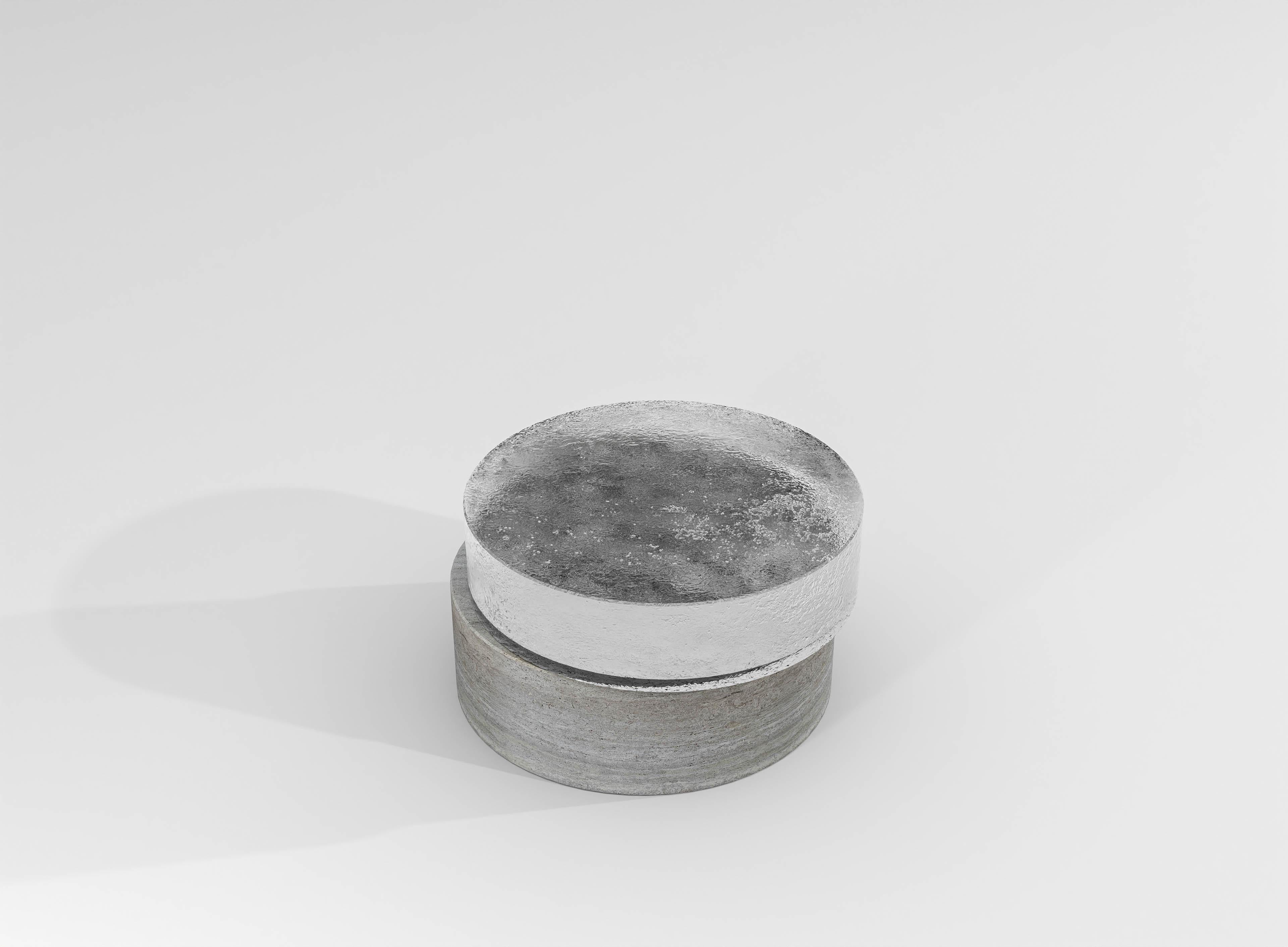 Belgian Contemporary Round Side Table in Travertine & Cast Glass, Barh Wonderglass For Sale
