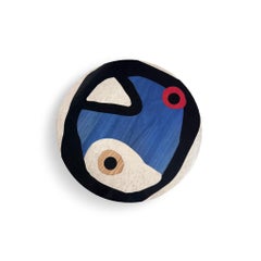 Contemporary Round Side Table Modern Surrealist Pattern Blue Wood Marquetry