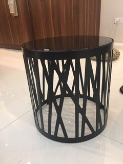 Contemporary Round Side Table with Smoked Black Glass Top and Metal under Frame
