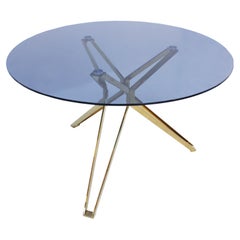Contemporary Round Smoked Glass and Brass Sculptural Dining Table, France