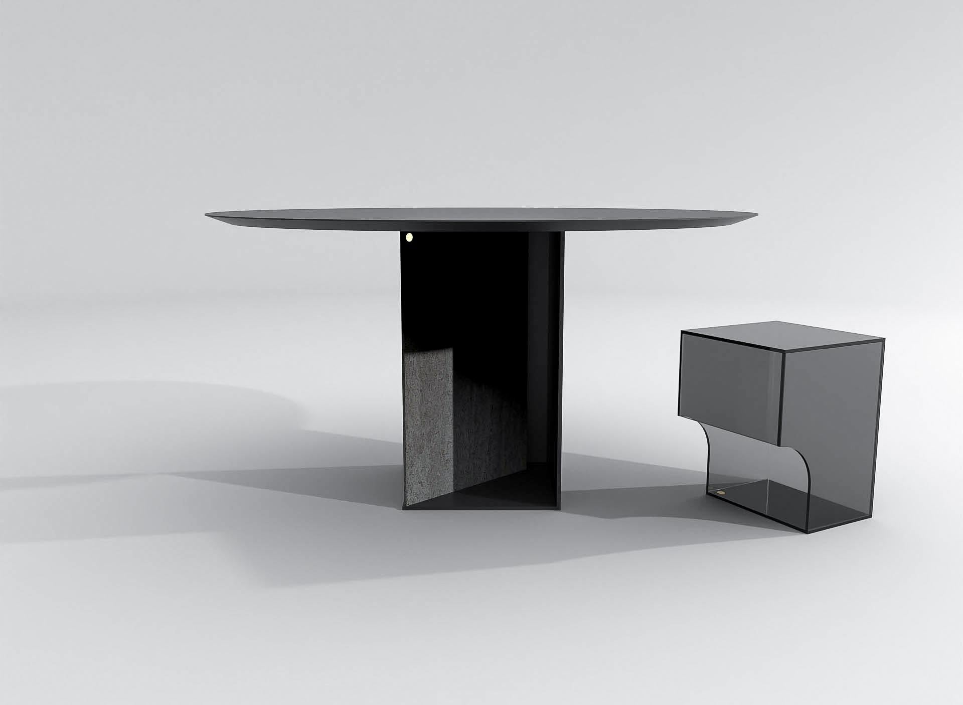 The barh Judd table is a piece just screaming for attention, it demands to be looked at and looked at again. It originates out of a search for extra dimensions in an archetypal volume, a search for less is more. The volume used for the base is one