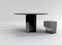 Contemporary Round Table, Black Powdercoated Steel & Travertin, Barh Judd Table